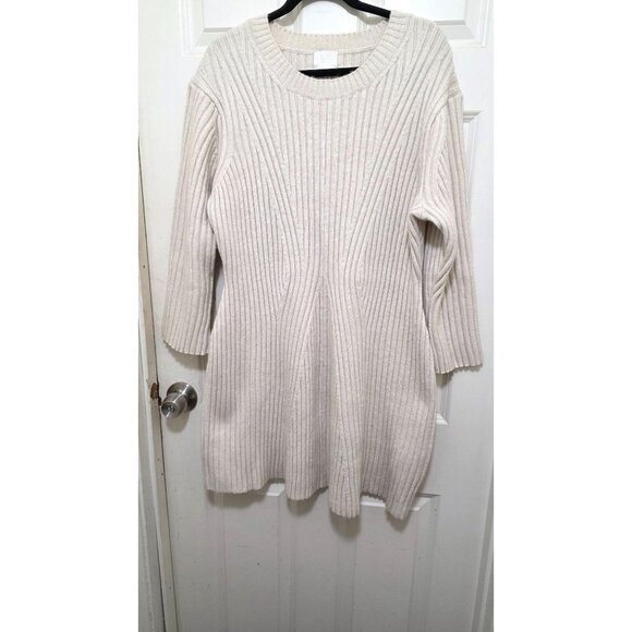 H&M Women's Plus Size Ribbed Knit Sweater Dress XXL Cream Long Sleeves Cotton - Picture 2 of 7